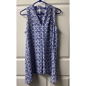 Spease Sleeveless Top  Womens  Large Blue White V Neck Floral Short Sleeved